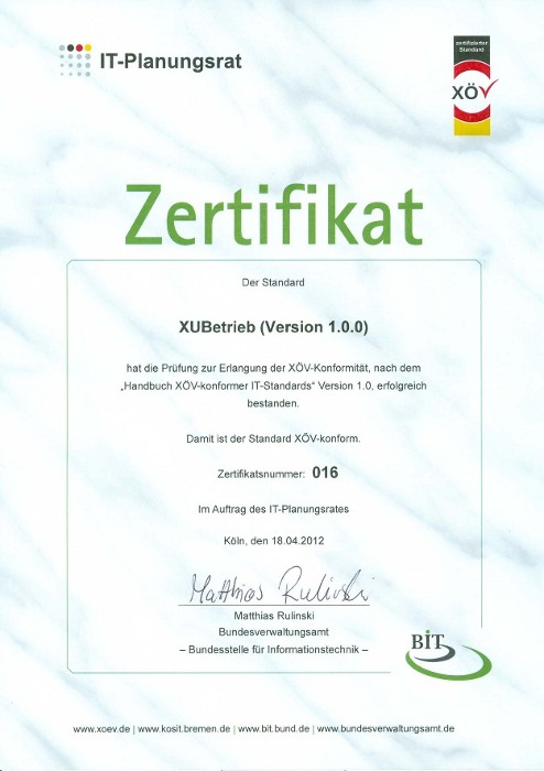 XUBetrieb XÖV Certificate