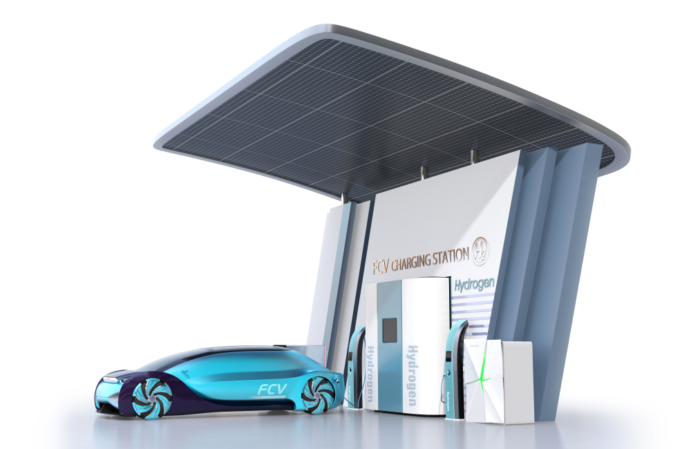 Futuristic representation of an H₂ refuelling station
